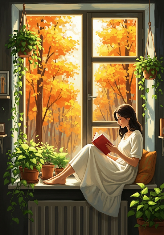 Woman Reading by Autumn Window
