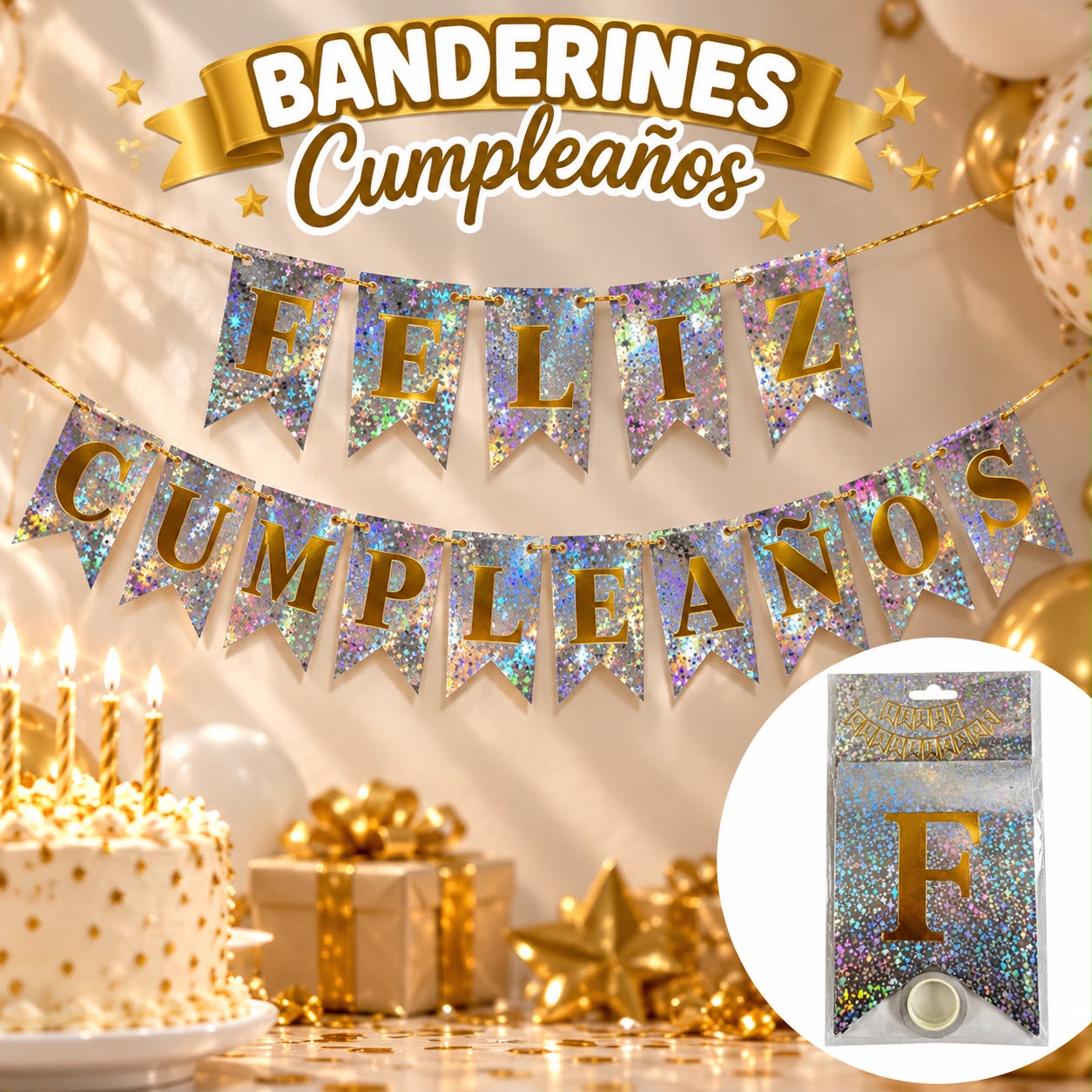 Banderín 'Feliz Cumpleaños' plateado y dorado