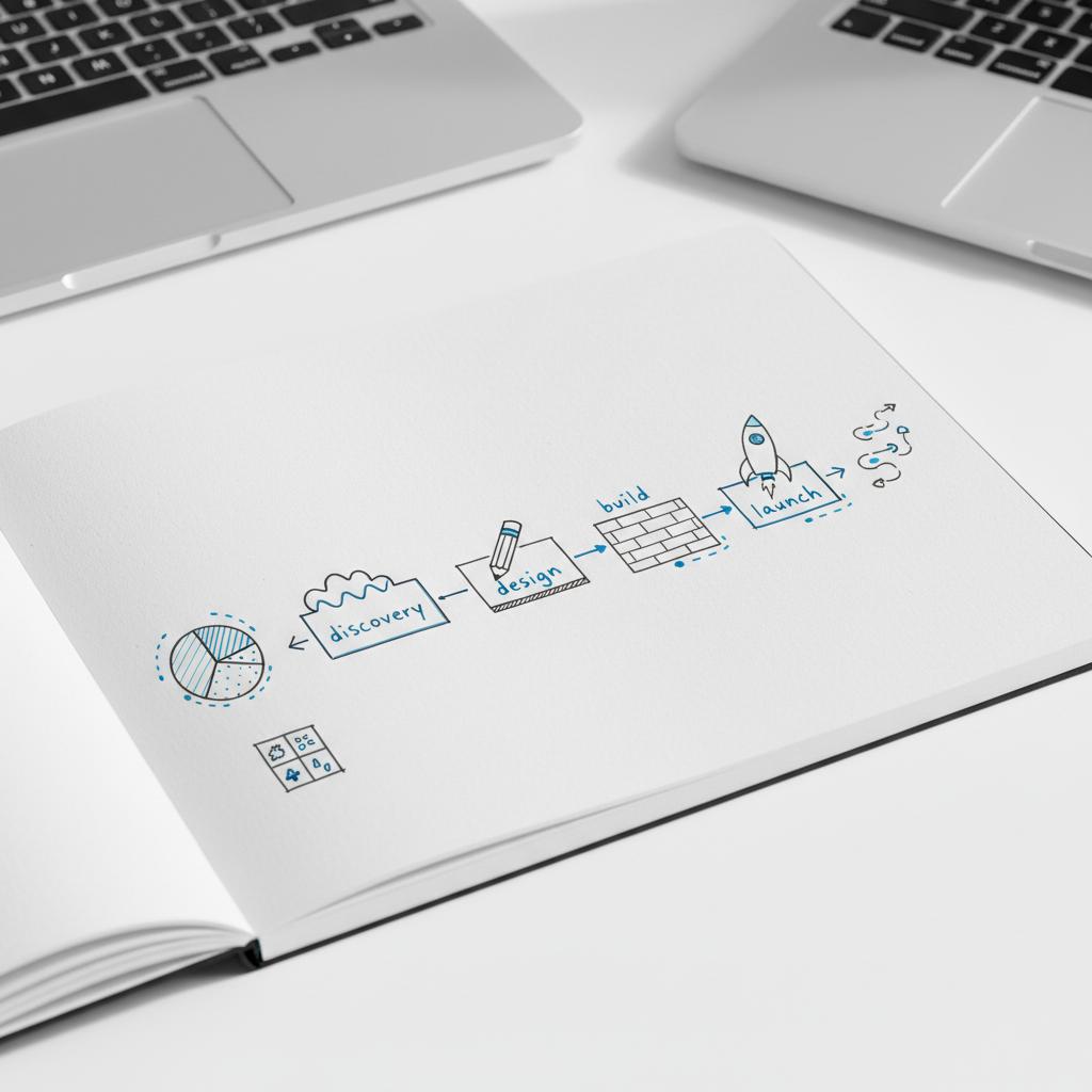 Notepad with hand-drawn website project timeline (discovery, design, build, launch) on a clean white desk, blurred laptop keyboard in background, blue #1a5bfb and dark gray #39383f accents, website developer charge