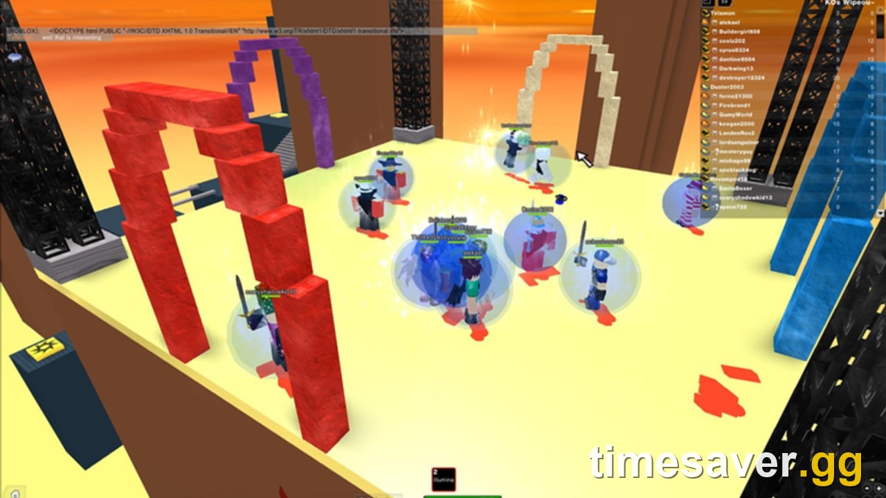 Overhead view of the crowded Sword Fights on the Heights IV arena with players and swords spawned across the platforms