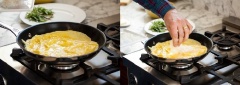 Đổ trứng vào chảo: Đổ trứng gạt vào chảo. Nghiêng chảo để trứng phủ đều. Nếu có tiếng lèo xèo, tức là chảo đã đủ nóng. Gấp một bên trứng lại: Dùng xẻng gấp một bên trứng lại. Nghiêng chảo một lần nữa để phần trứng chưa chín chảy vào chảo.