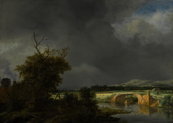 Landscape with a cottage and stone bridge under a cloudy sky