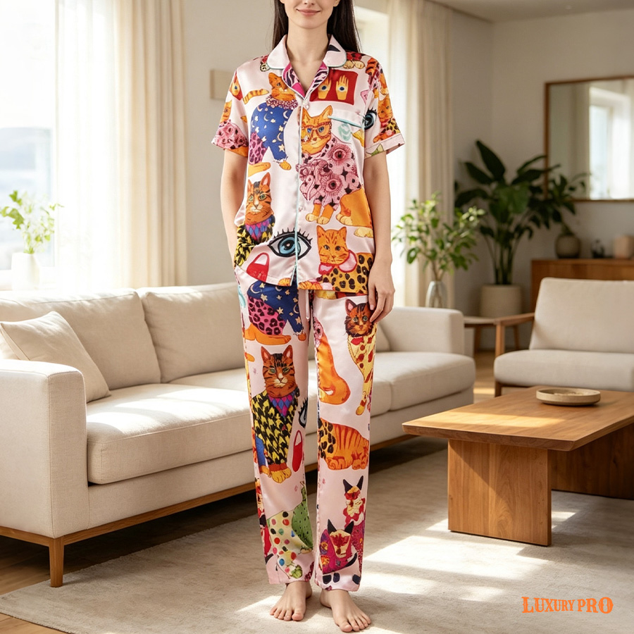 AOP KHU Short Sleeve & Long Pant Satin Trim Pajama Set