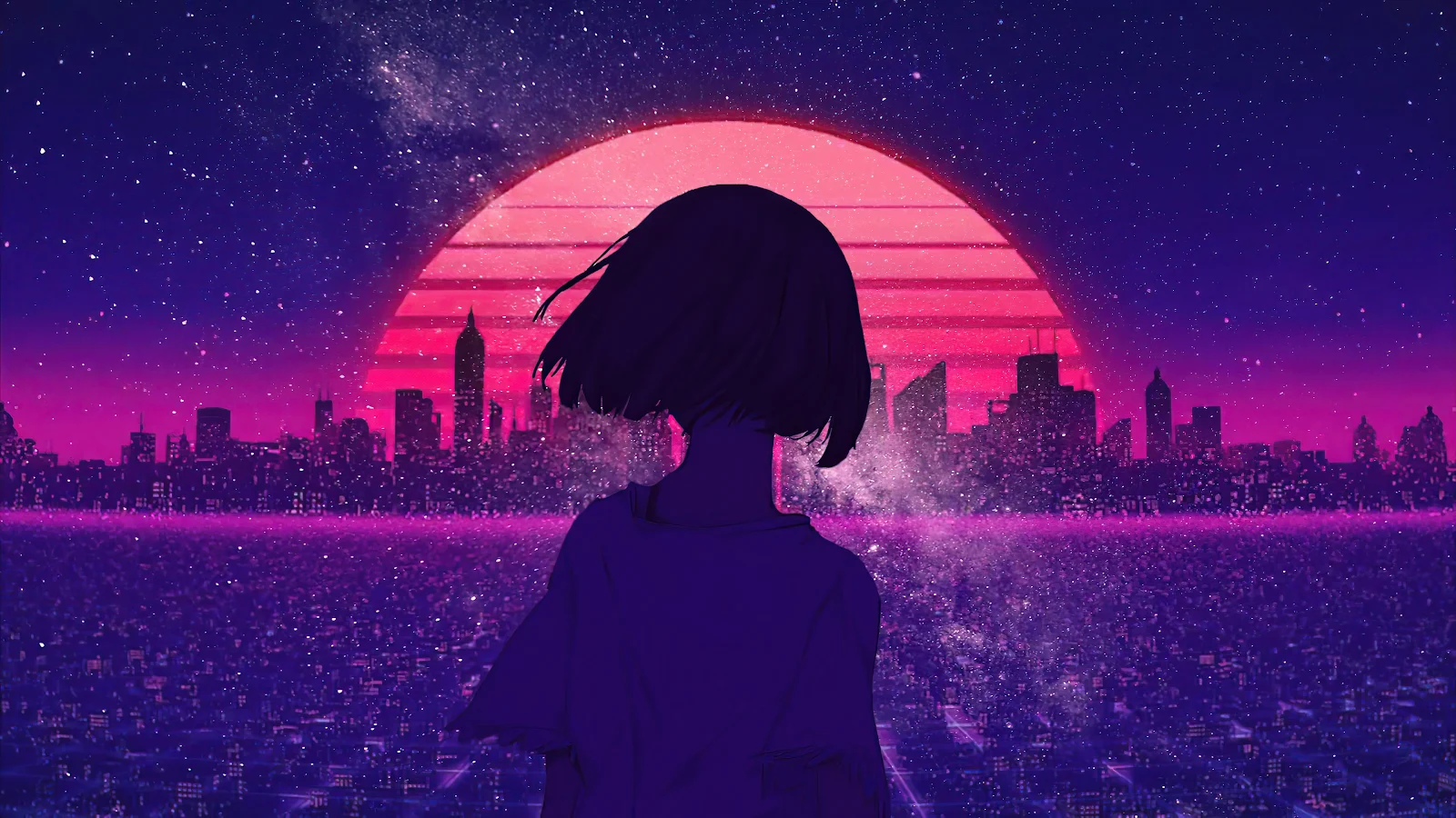 A Stunning Synthwave, Night, Sunset, City, Anime Girls 4K Desktop and Mobile Wallpaper Background (3840x2160)