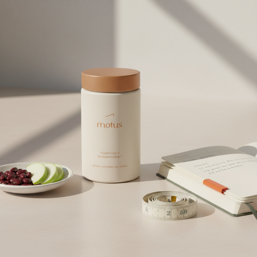 Motus supplement jar on a minimalist countertop beside a notebook, measuring tape and a small dish of beans and sliced apple, illustrating probiotics for belly fat progress.