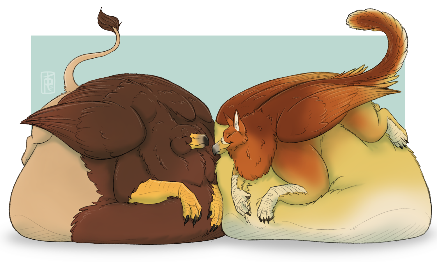two soft gryphons resting on their huge bellies