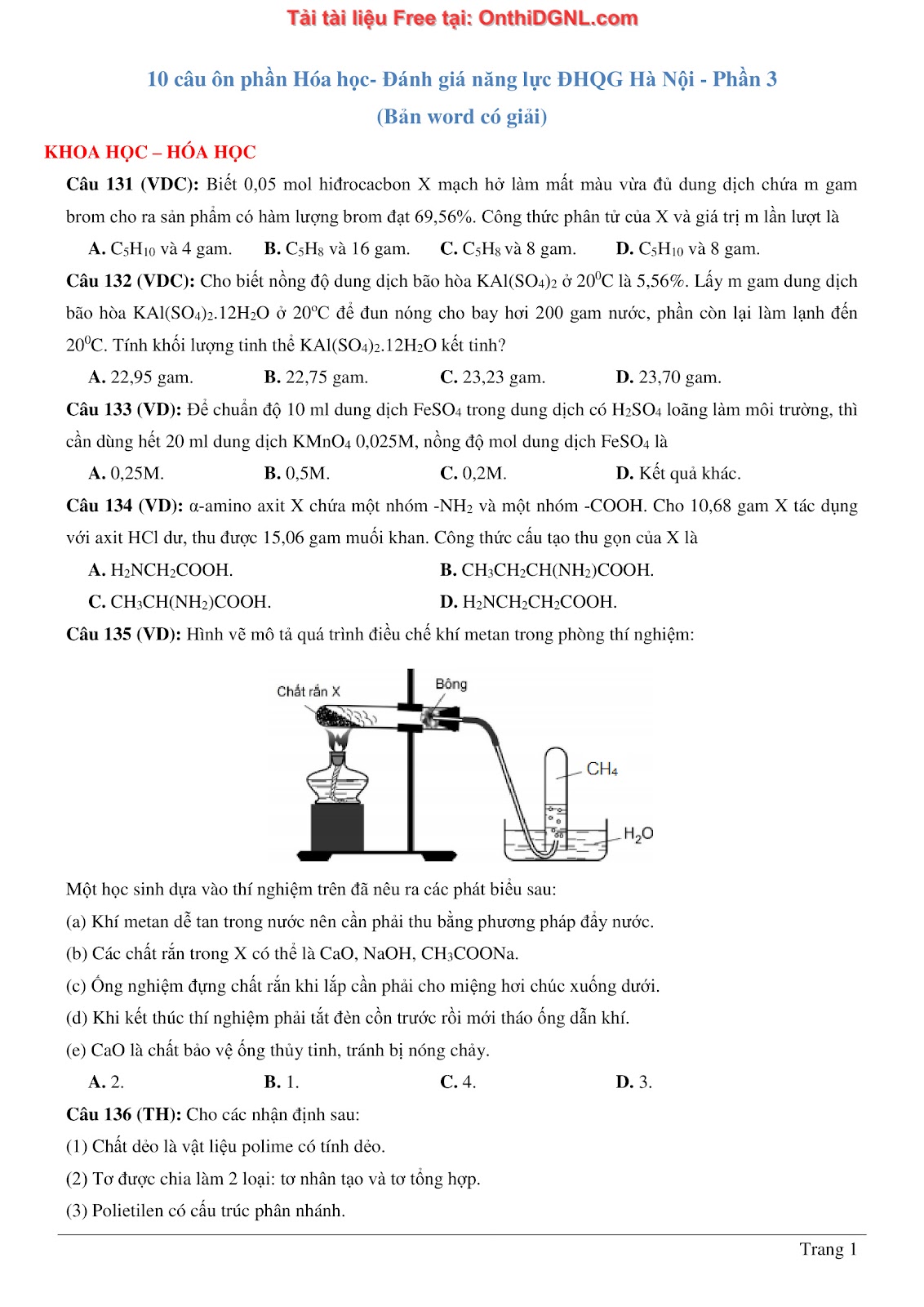 260 bài tập môn Hóa học - Ôn thi ĐGNL ĐHQG Hà Nội Phần 3