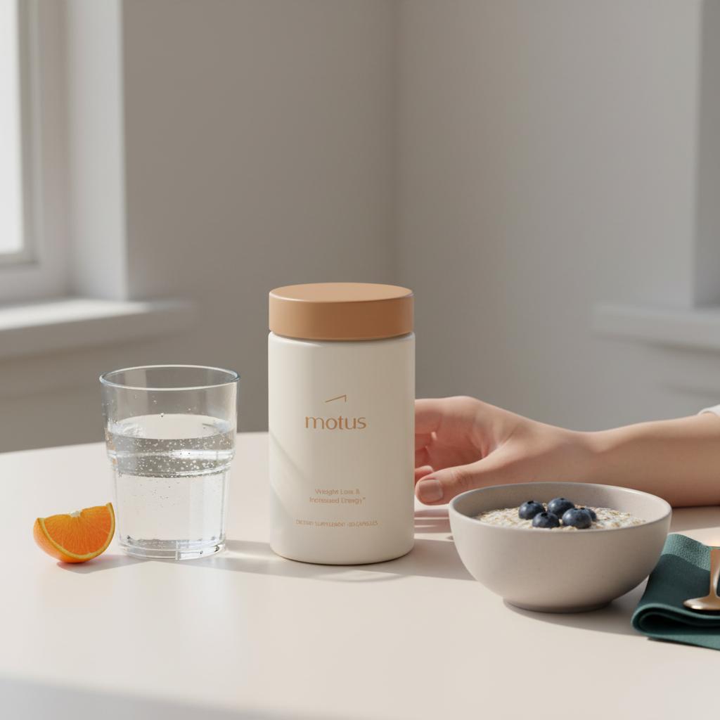 Minimal morning scene with a Tonum Motus supplement bottle beside a glass of water and a bowl of oatmeal on a clean tabletop, illustrating sustainable weight management and weight loss plateau.