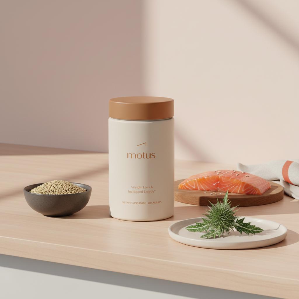 Motus supplement bottle on wooden counter with measured quinoa, salmon fillet and milk thistle leaves, minimalist Tonum scene to help lose belly fat fast men