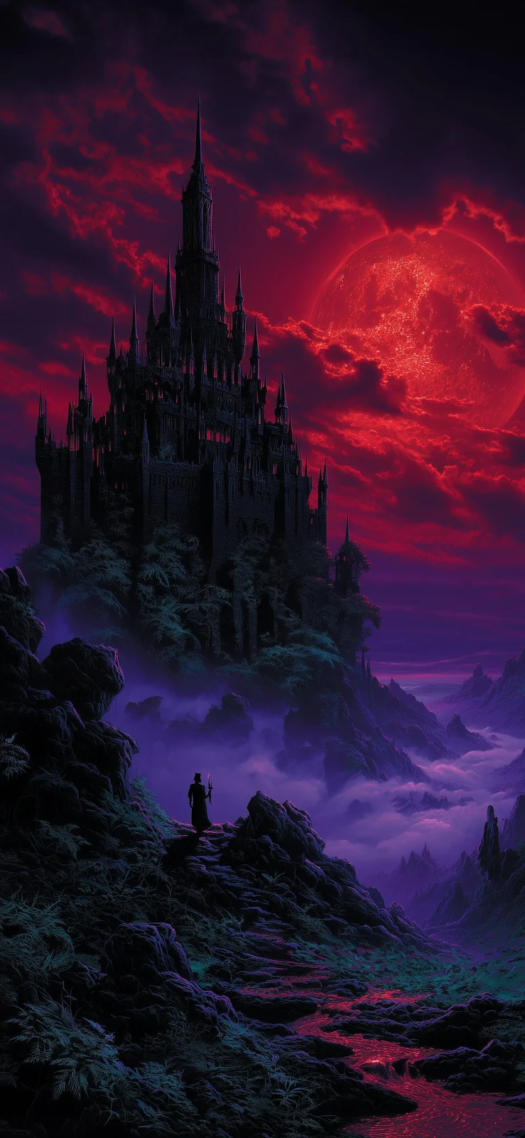 Dark Castle Under Blood Moon - Dark Fantasy Art Full HD iPhone Wallpaper (1344x2911)