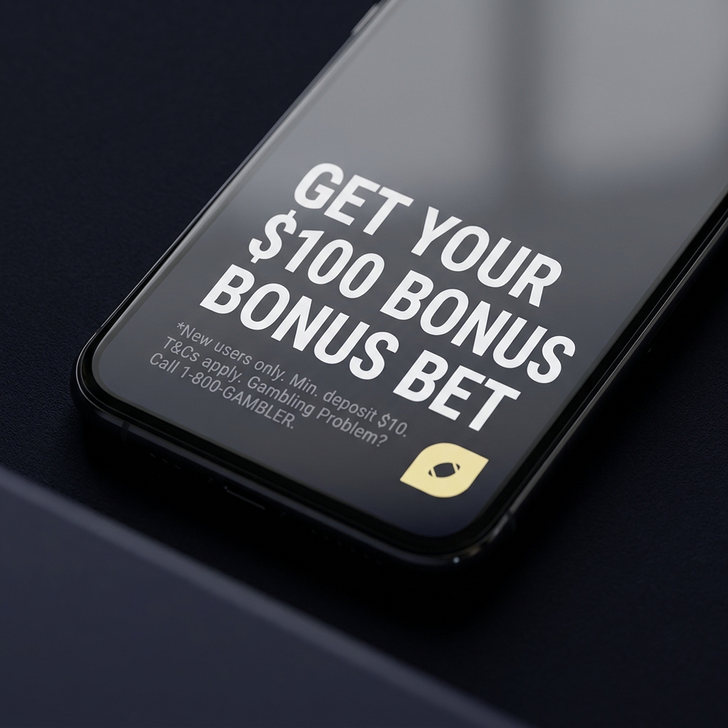 Close up smartphone showing a circa sportsbook promo banner on screen with legible small print terms nearby minimalist dark background with subtle accent highlights