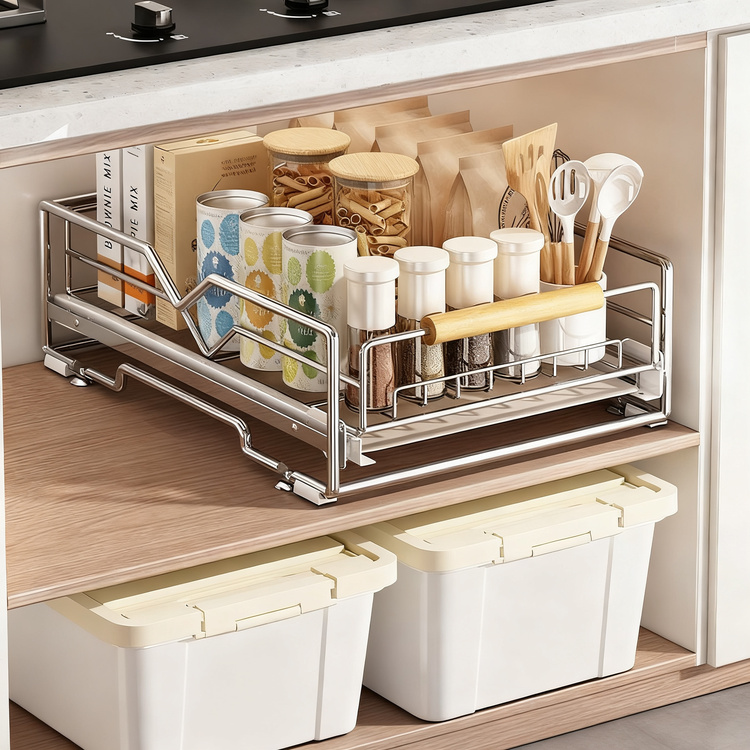 Pull-out dish rack made of stainless steel for cabinets