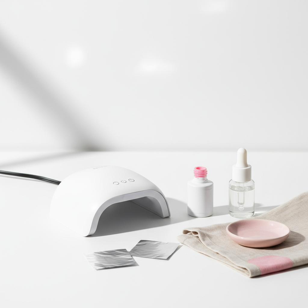 Close-up einer minimalistischen Home-Maniküre mit Gellack-Fläschchen, LED-Lampe, Nagelöl und Folien-Wraps auf weißem Hintergrund, dezente rosa Akzente (#f57fb6).