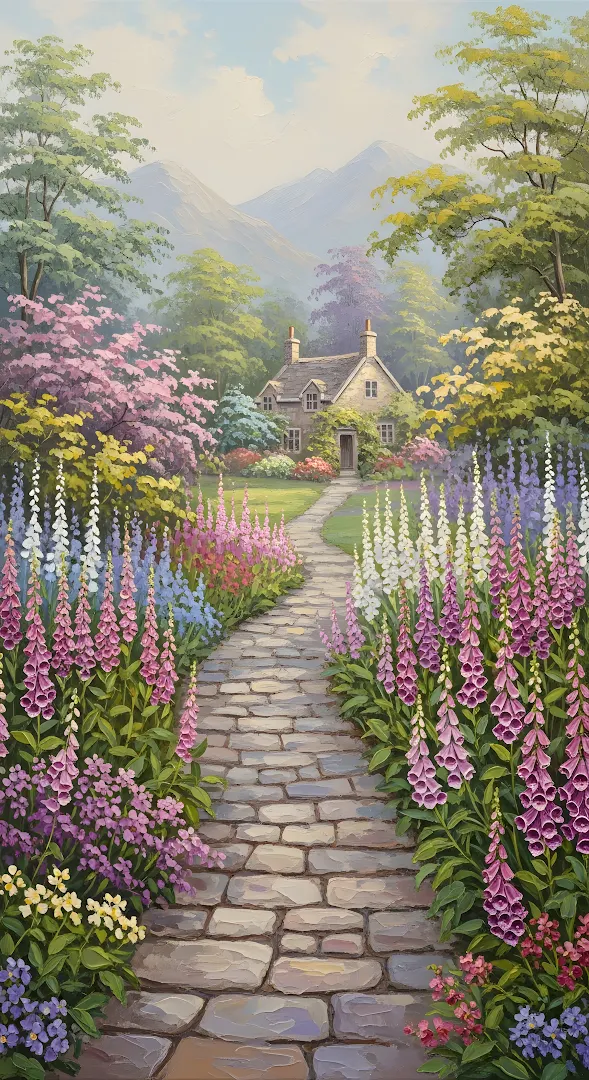 Oil Painting of Cottage Garden with Foxglove Path
