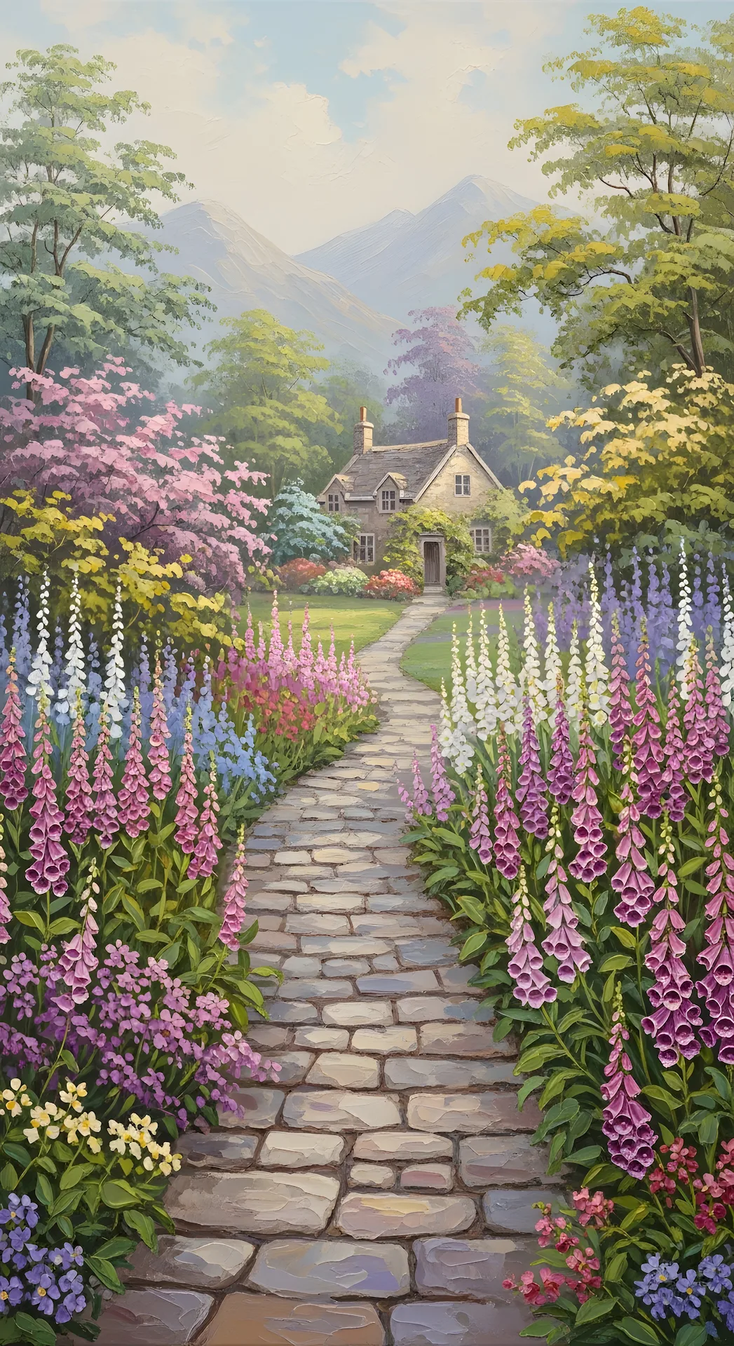 Oil Painting of Cottage Garden with Foxglove Path - Free 4K mobile Wallpaper