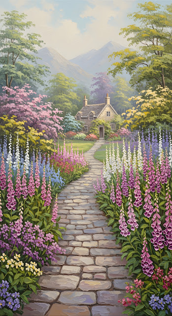 Oil Painting of Cottage Garden with Foxglove Path - Free mobile Wallpaper