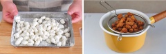 Làm nóng dầu ăn trong chảo, cho đậu phộng vào, chiên ngập mặt dầu ăn. Vớt đậu phộng ra, để ráo dầu.