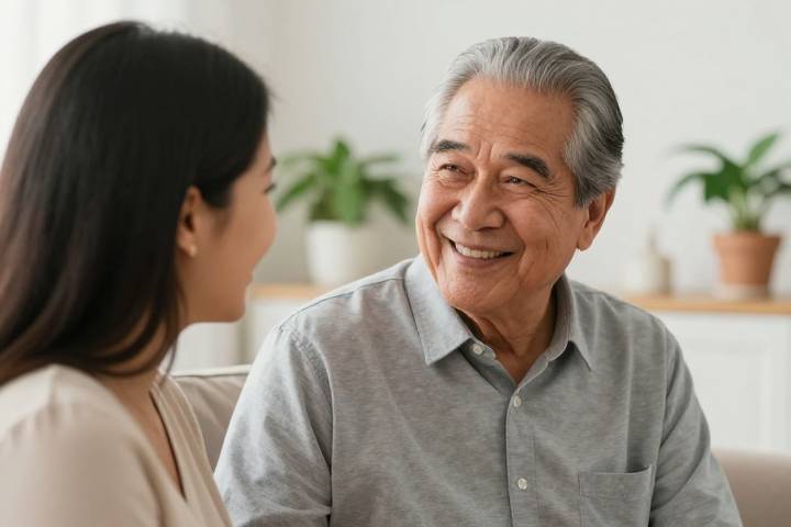 رجل مسن في التسعينيات يستمتع بوقت دافئ مع أسرته في المنزل
