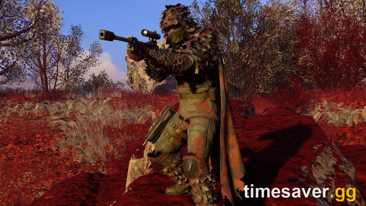 Helldivers 2 SS-33 Mimetic Marshal ghillie armor — a Helldiver in leaf camo aiming a sniper rifle