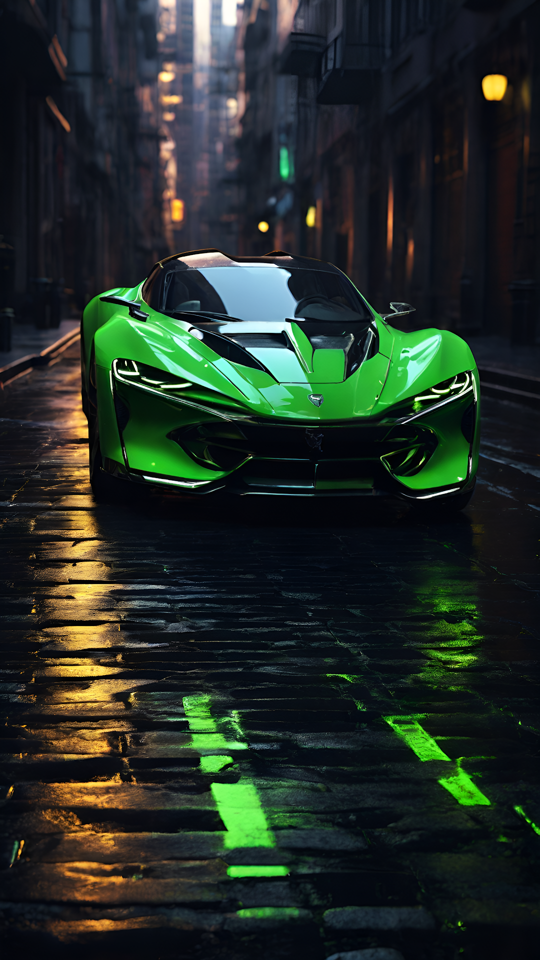 Neon Green Sports Car Wet Cobblestone Alley Night - Free 4K mobile Wallpaper