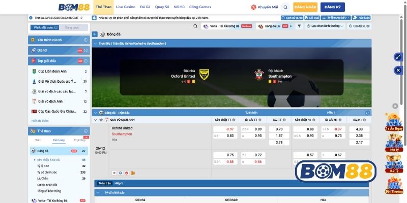 Bảng tỷ lệ kèo trận Oxford vs Southampton ngày 26/12/2025