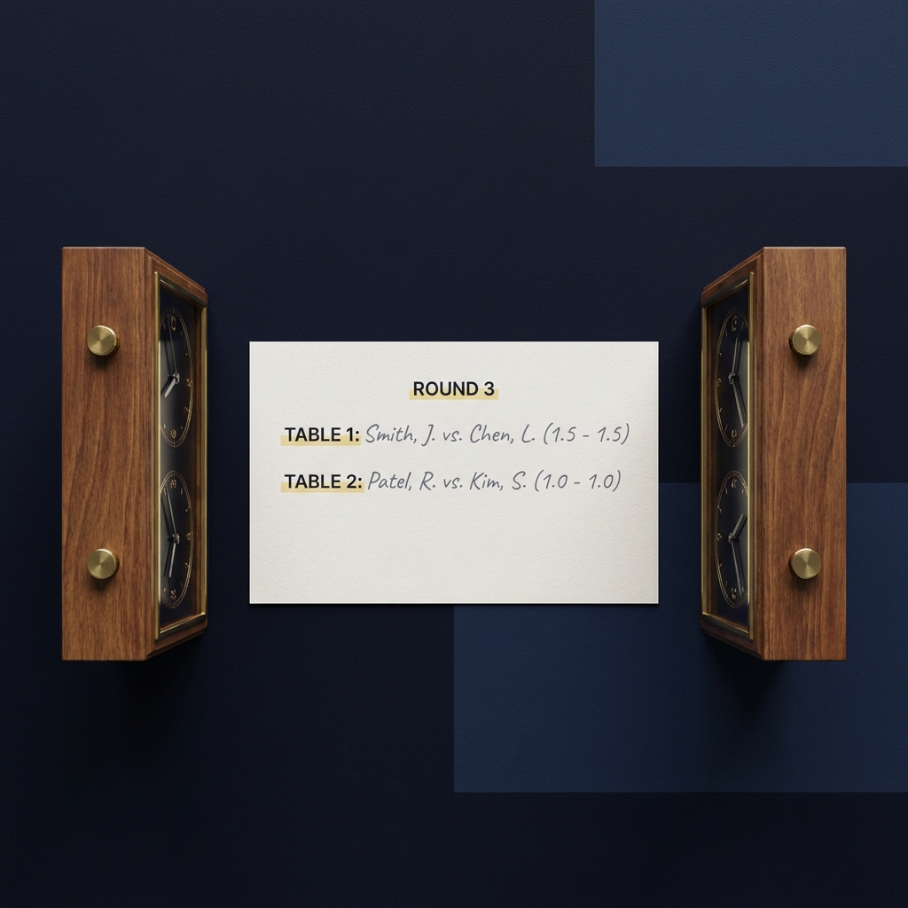 Close up of chess clocks and a tournament scoresheet with paired names illustrating How Tournament Matchups Work on a minimalist dark brand background