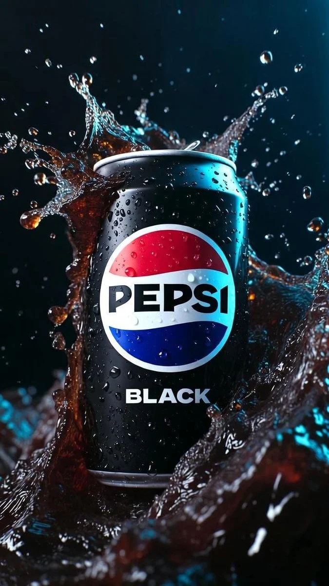 Fotografía cinematográfica hiperrealista de una lata de Pepsi Black, tomada de frente y perfectamente legible, helada...