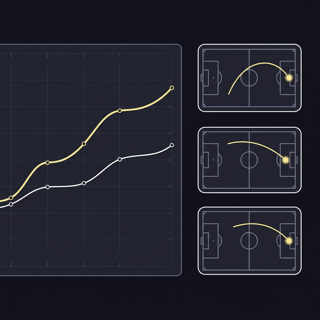 Minimalist 2D vector split image of a rolling xG trend chart beside three video thumbnails of high xG events illustrating How Expected Goals Improve Soccer Analysis