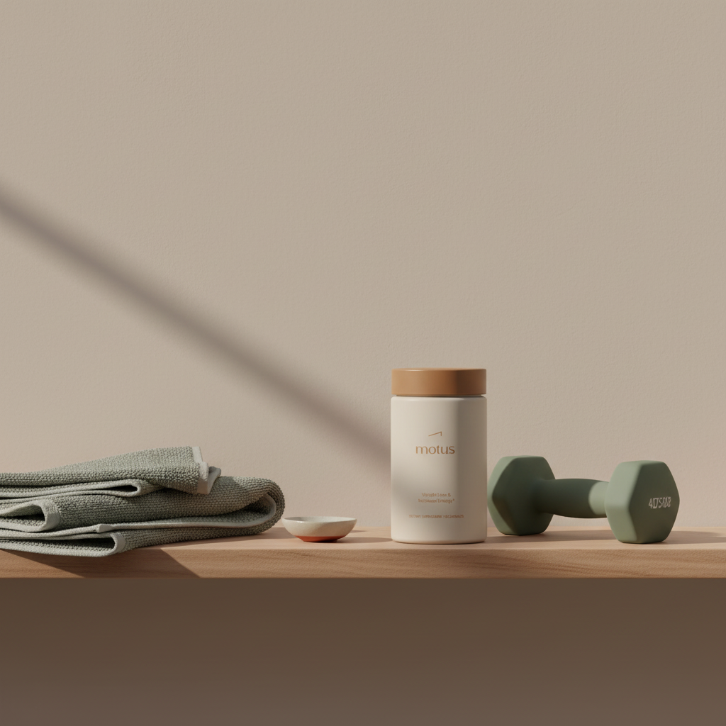 Minimal bathroom shelf with Motus supplement bottle beside a towel and dumbbell, representing weight loss tablets for men and daily wellness routines.
