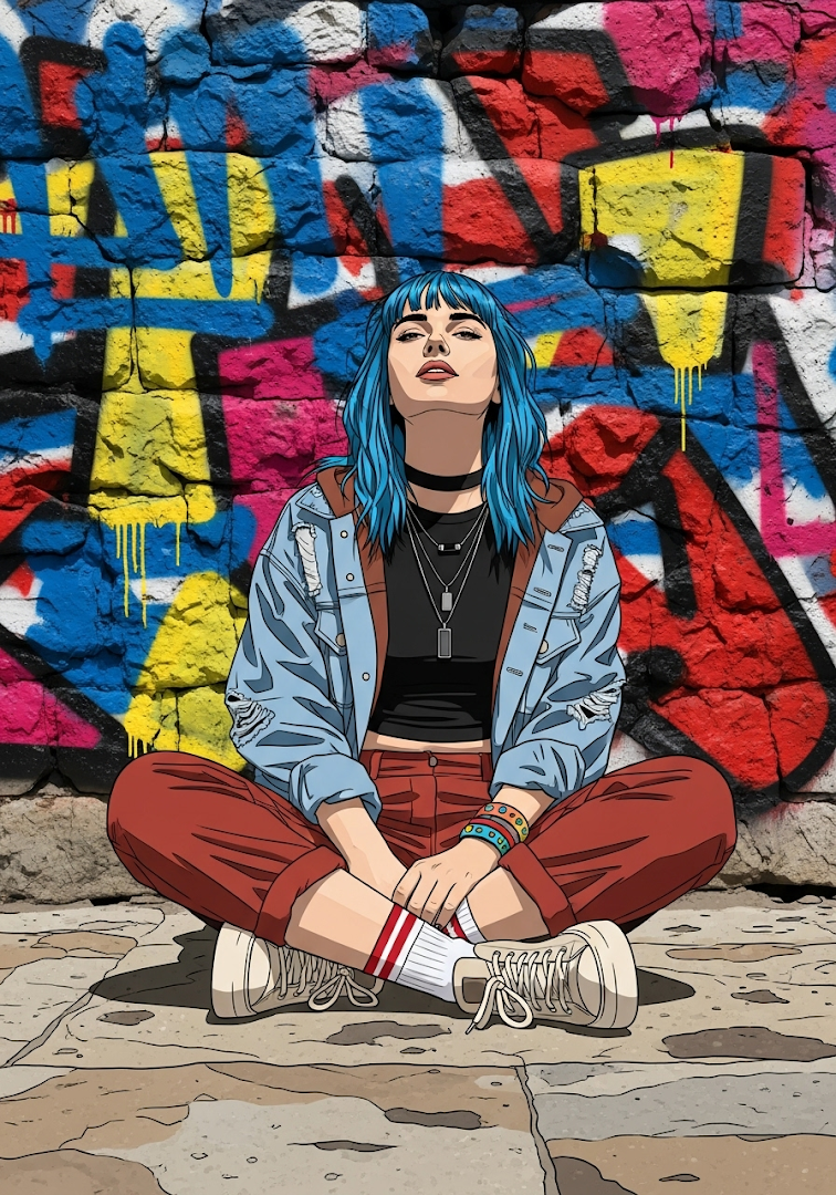 Woman Amidst Colorful Graffiti