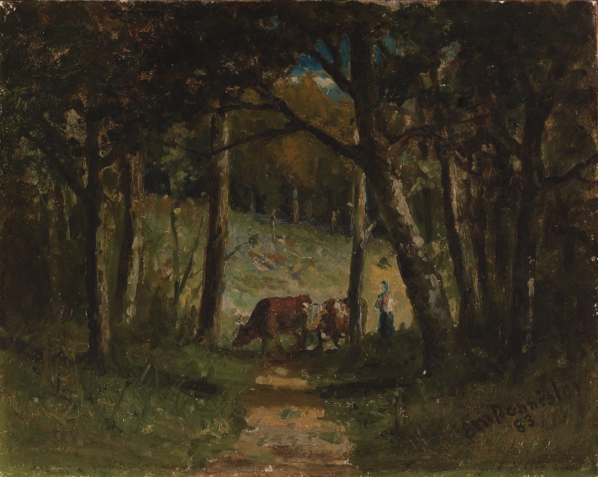 Untitled cows on path in forest 1883