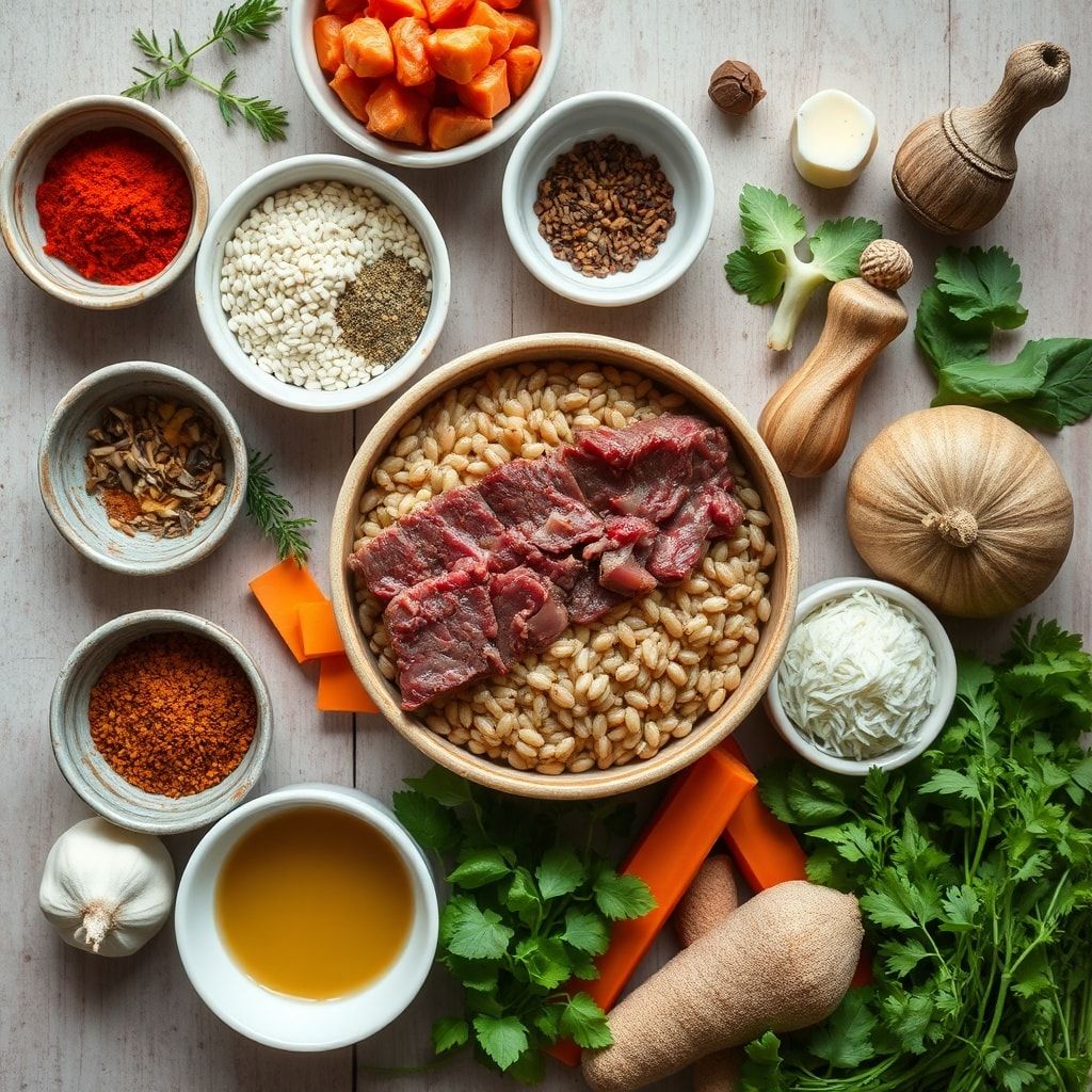 Ingredients for Hearty Beef Barley Soup Recipe for Cozy Dinner Nights (Easy One-Pot)