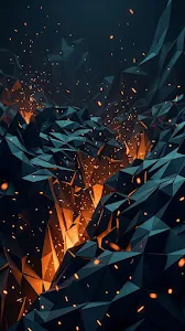 Abstract Low Poly Geometric Pattern in Blue and Orange with Glowing Sparks