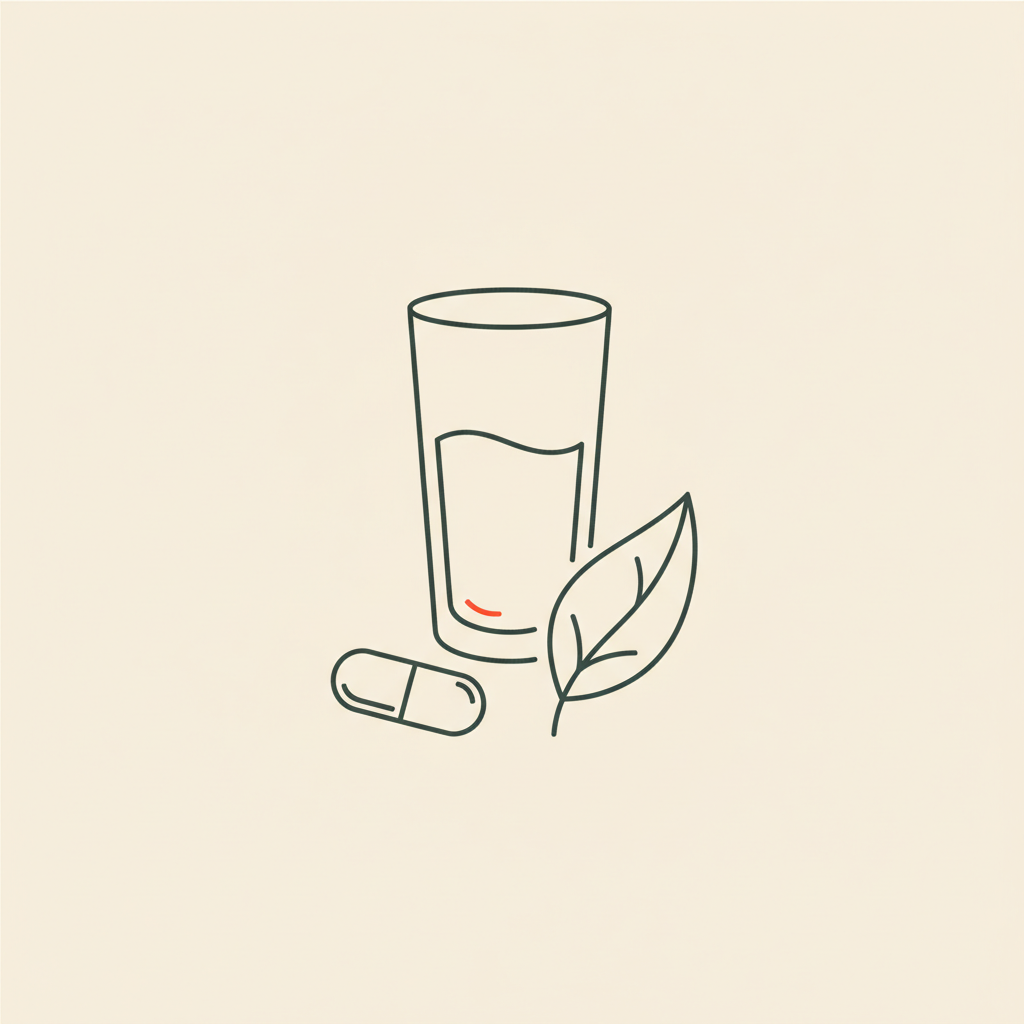 Minimalist vector line illustration of a glass of water, a capsule, and a konjac leaf representing lipozene side effects on beige background