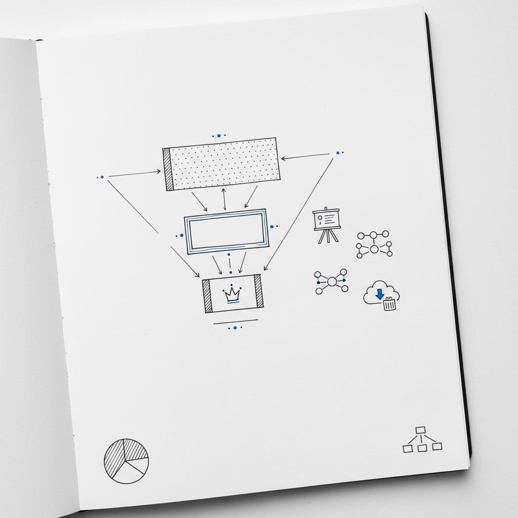 Close-up notebook sketch of a tiered ticket funnel with three boxes representing Standard, Premium, VIP and icons for workshops, networking, digital bundles &mdash; 4 Ps of event marketing