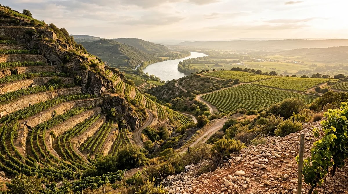 Rhone Valley wine landscape showing steep Northern Rhône terraces and sunlit Southern Rhône vineyard terrain