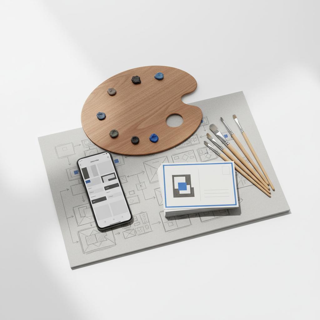 Close-up top-down of painter's palette, brushes, matte postcards with single artwork and smartphone showing a clean portfolio&mdash;minimal studio scene to advertise myself as a painter.