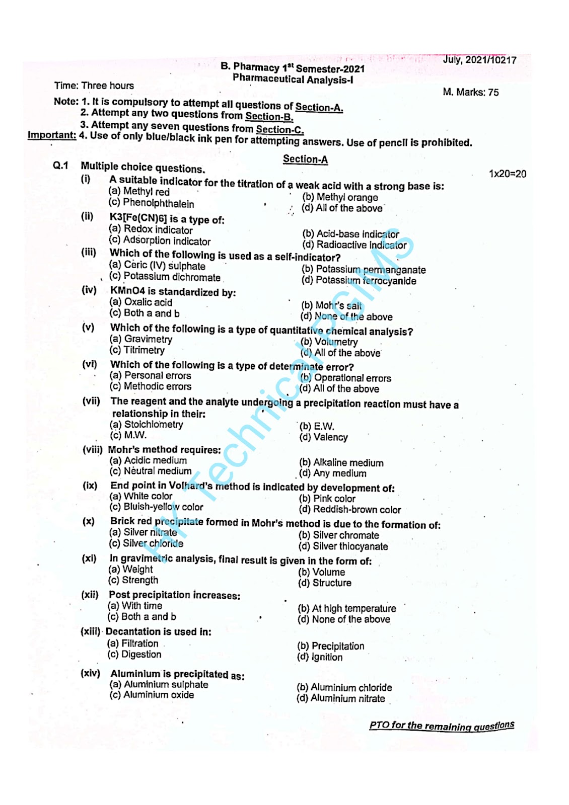 BP102T Pharmaceutical Analysis I 1st Semester B.Pharmacy Previous Year's Question Paper,BP102T Pharmaceutical Analysis I,BPharmacy,Previous Year's Question Papers,BPharm 1st Semester,