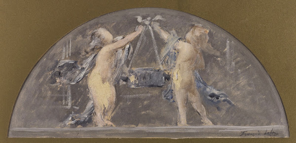 Deux enfants levant ensemble une grande boîte 1893