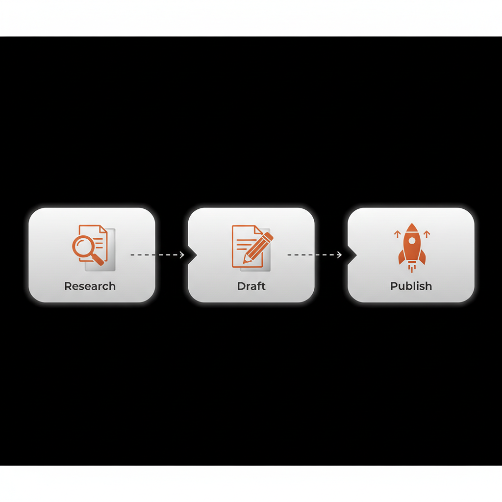 Minimal 2D vector infographic showing a three-step pipeline (research → draft → publish) with icons and Social Success Hub brand colors for create my own Wikipedia page