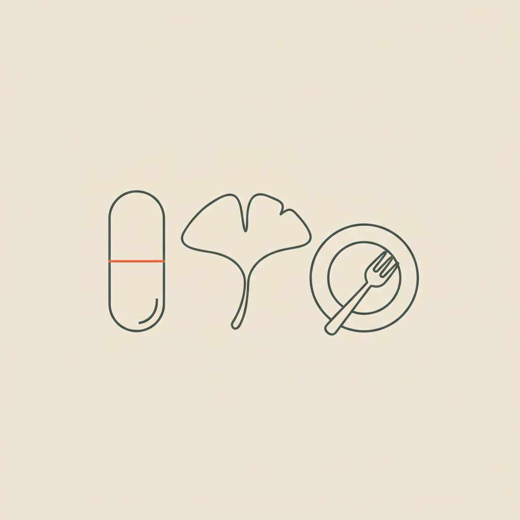 Minimalist Tonum-style vector line icon of a capsule, leaf and small plate with fork on beige background, illustrating do diet pills work