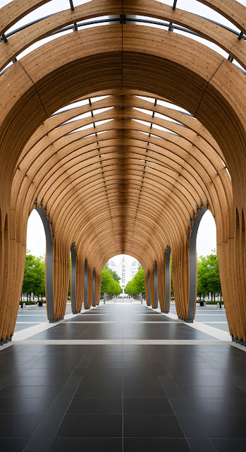 Curving Tunnel of Wavy Wooden Arches in an Urban Public Space - Free mobile Wallpaper