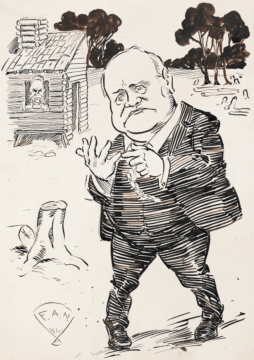 A confused man in a suit stands among the stumps of several trees counting on hi