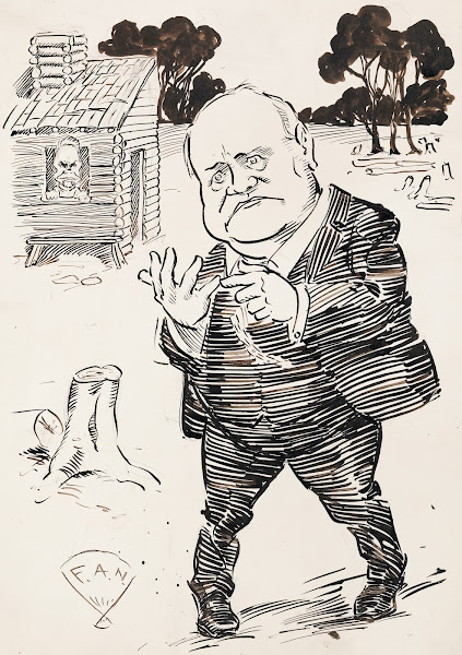 A confused man in a suit stands among the stumps of several trees counting on hi