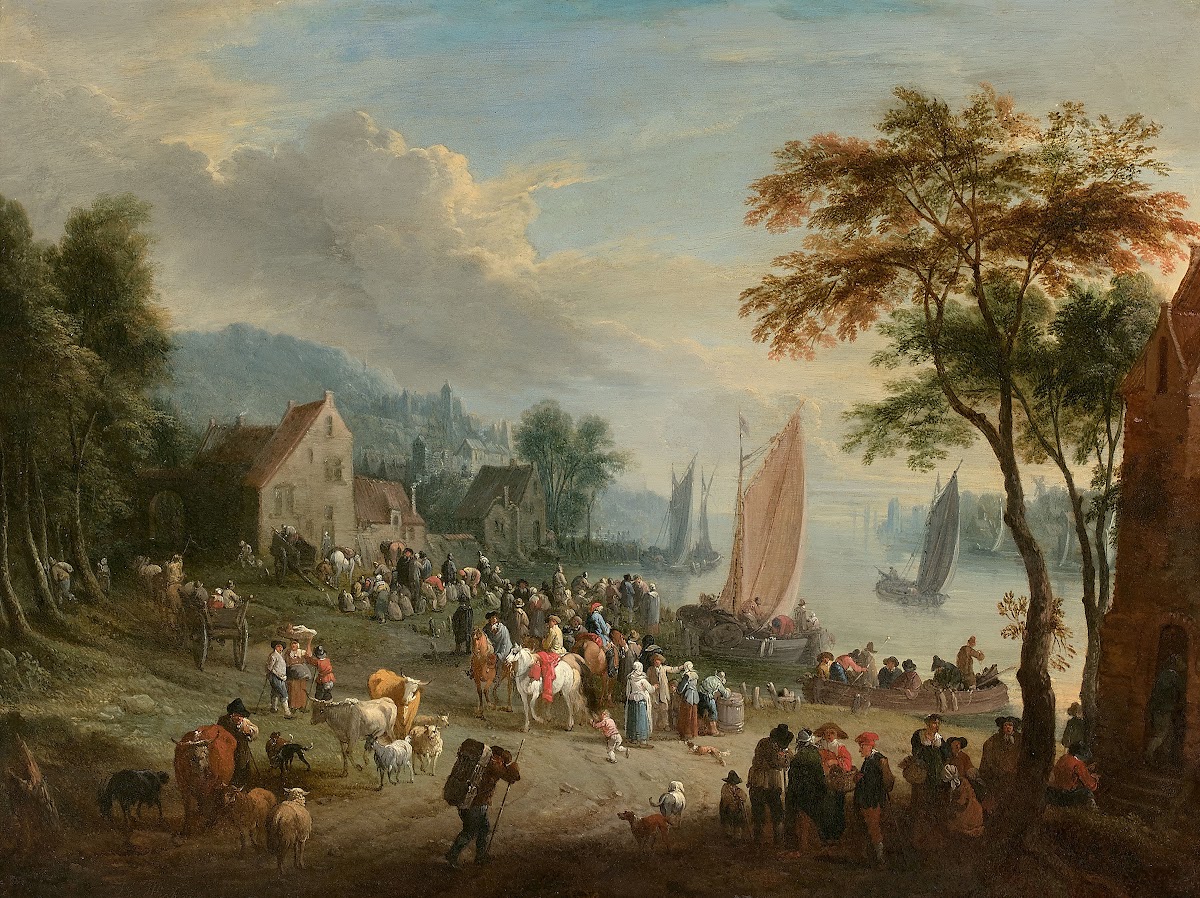 Scène de village animé au bord dun fleuve