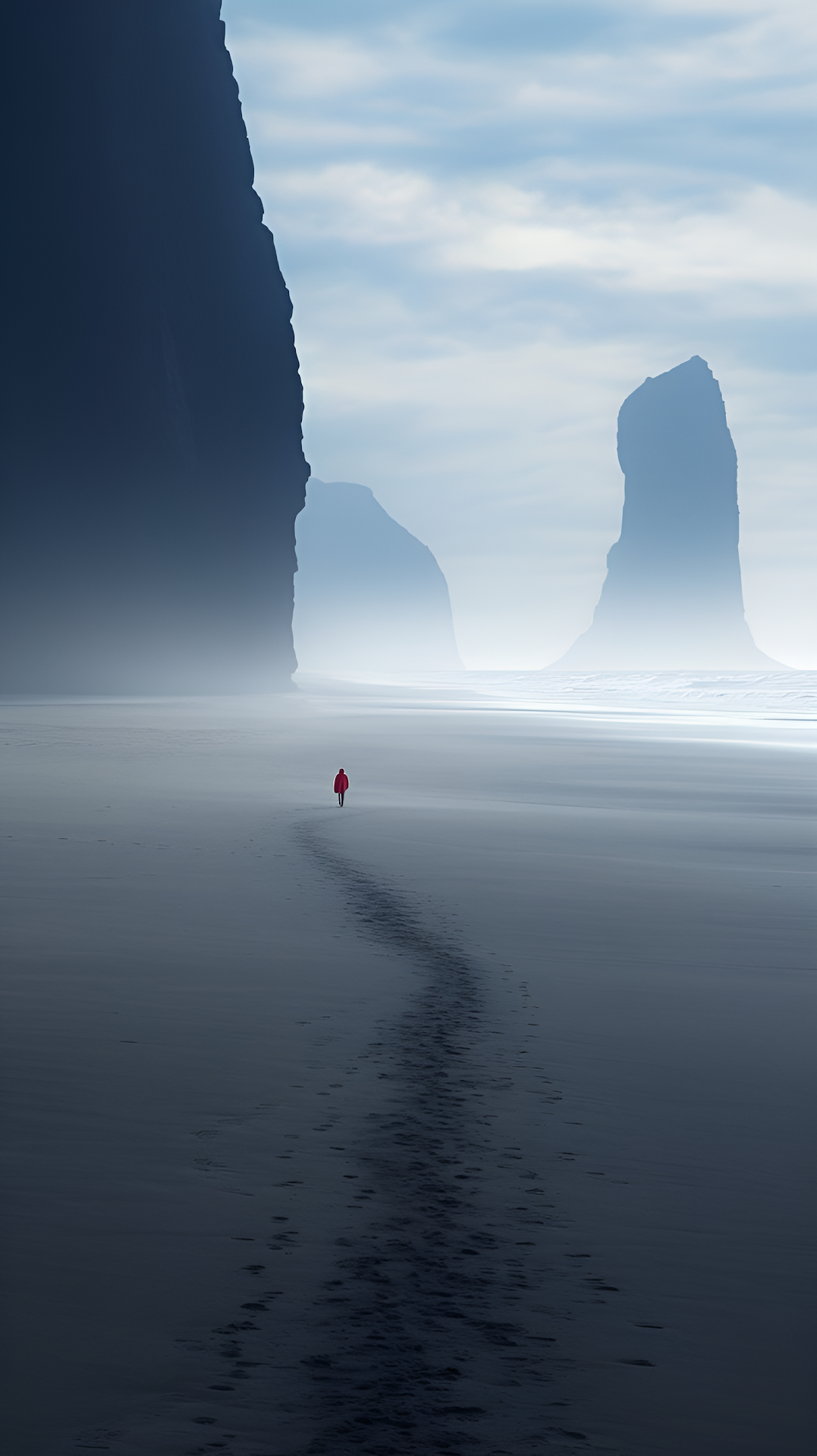 Minimalist Misty Beach Seascape Lone Red Figure Cliffs - Free 4K mobile Wallpaper