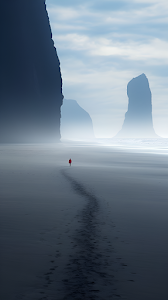 Minimalist Misty Beach Seascape Lone Red Figure Cliffs