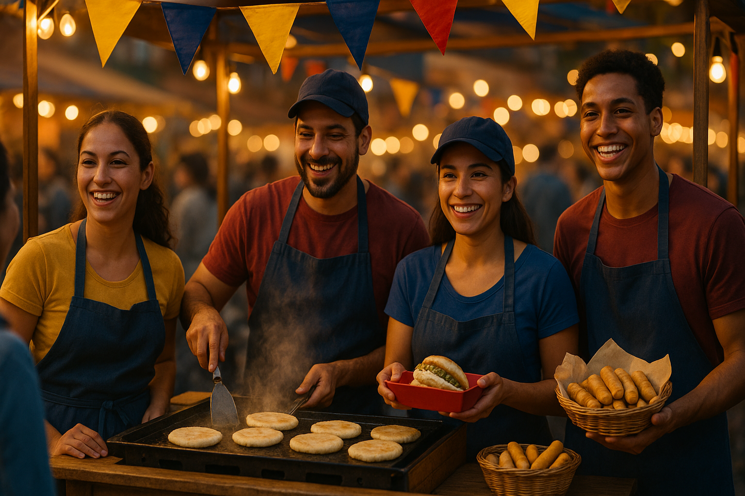 Emprendedores venezolanos atendiendo un puesto pop‑up de arepas en una ciudad del exterior