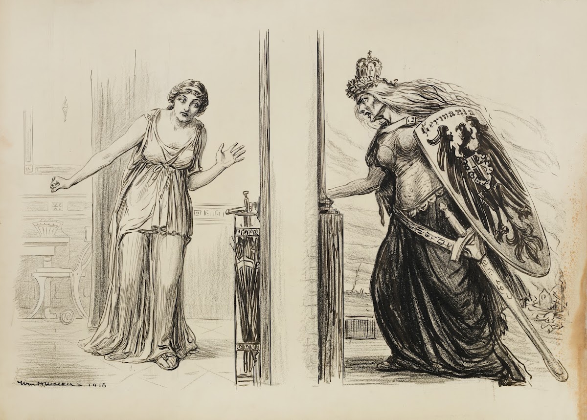An angry old woman in armor representing Germania tries to break into the room o