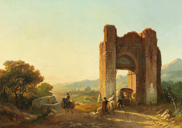 A romantic landscape with Mauritanian ruins and figures